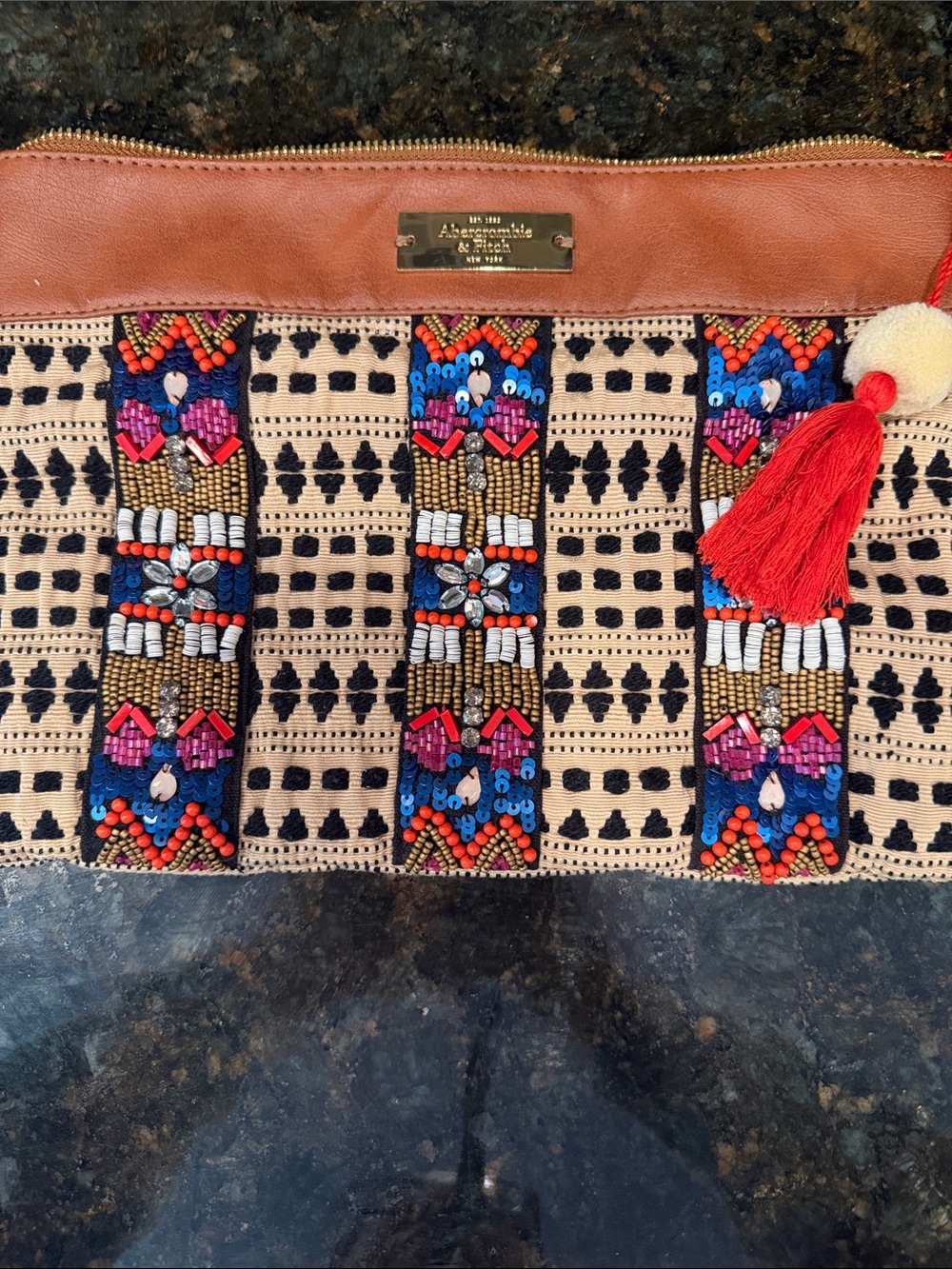 Abercrombie & Fitch Multicolor Beaded Embellished Clutch with Red Tassel